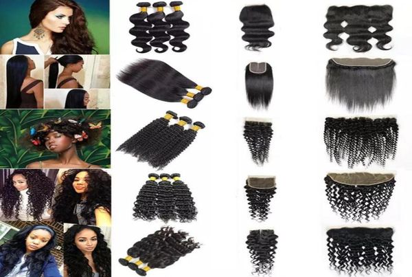 

10a grade peruvian virgin hair straight bundles with lace closure frontal human hair extenstion body deep water natural loose wave5176862, Black;brown