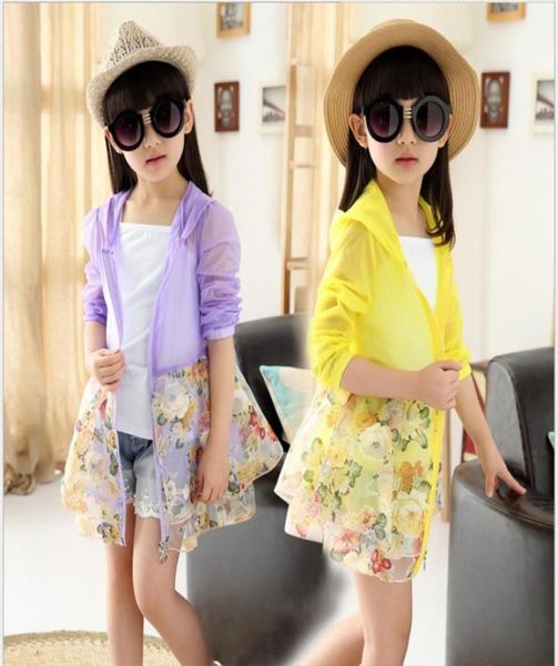

2018 big girls cardigan sunscreen clothing children long sleeve zipper floral coat fashion girl summer lace hooded thin jacket 1204069608, Blue;gray