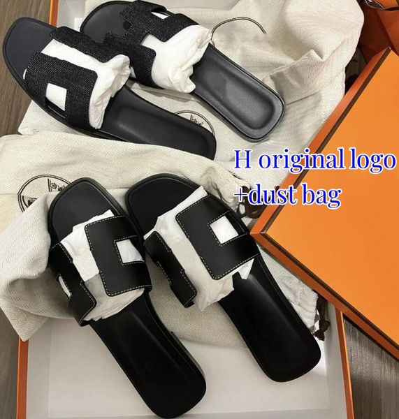 

oran sandal luxury designer leather ladies sandals summer flat shoes fashion beach women slippers h letter drag slides flip flops for women, Black