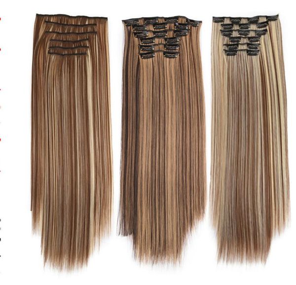 

22 inches clip in synthetic hair extensions weft 140g  colors simulation human hairs bundles mr5s6pcs4801684, Black;brown