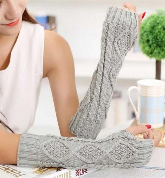 

long section 30cm autumn winter ladies wool knitting rhombic fingerless sleeve women half finger warm exposed fingers gloves l89 27124110, Blue;gray