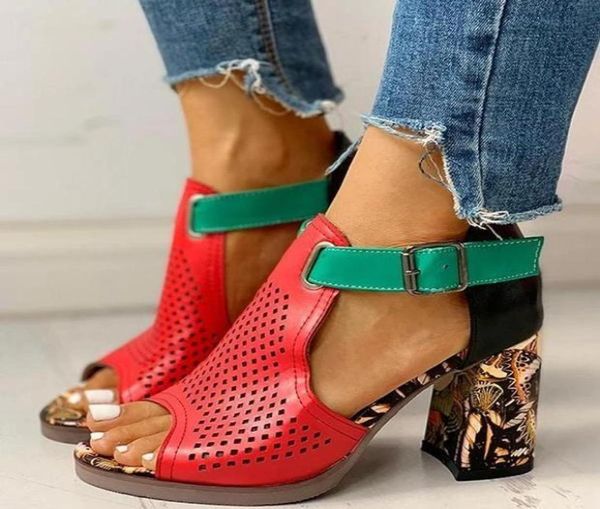 

women peep toe sandals print summer pumps shoes flock block heels buckle strap ladies classic female high zapatos de mujer5734299, Black