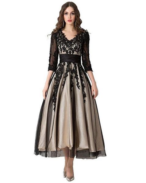 

2021 women039s long champagne with black lace tulle plus size aline tea length formal evening dresses3475314, Black;red