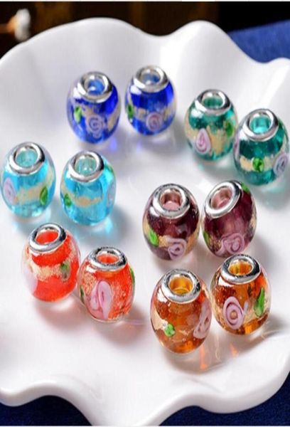 

100pcs lot fashion round foil flower lampwork glass big hole beads fit european charm bracelet diy jewelry gift gb067876429, Black