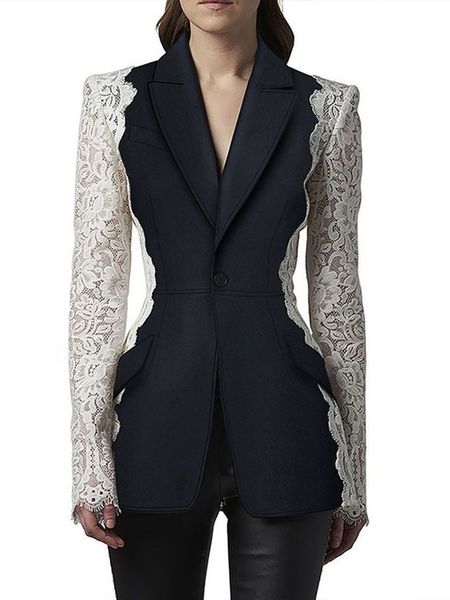

high-quality office lady beige lace stitching black classic blazer, White;black