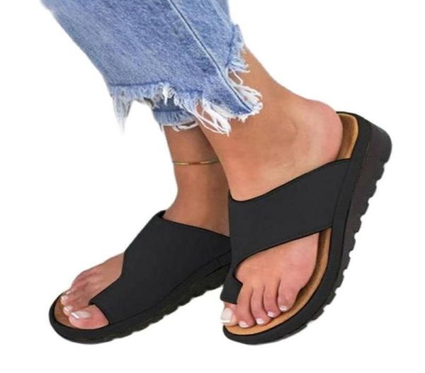 

slippers women pu leather shoes comfy platform flat sole ladies casual soft big toe foot correction sandal orthopedic bunion corre5978916, Black