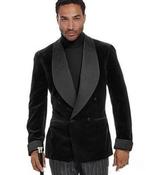 

handsome doublebreasted black velvet wedding men suits shawl lapel two pieces business groom tuxedos jacketpantstie w13033260714, Black;gray