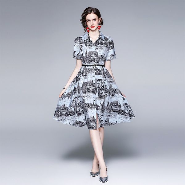 

2023 summer new item european station fashion women's large swing skirt short sleeve lapel single row buckle temperament print dress e2, Black;gray