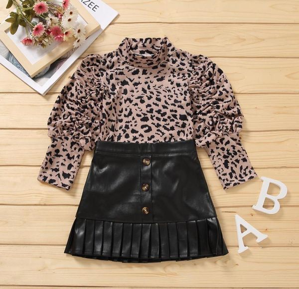 

ins kids spring fall sets girls leopard high collar long sleeve tshirtruffle high waist skirts 2pcs lady style child outfit a5269036321, White