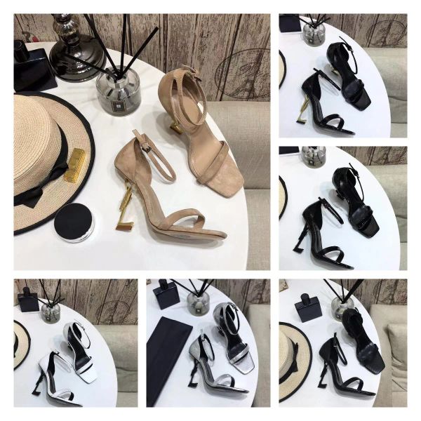 

with box designer yslity sandal 2021 luxury designer women sandals opyum leather high heels metal heel adjustable ankle straps quali yhx, Black