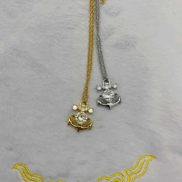 

high version empress dowager's new ship anchor necklace simple diamond inlaid alloy same style as vivian, Silver