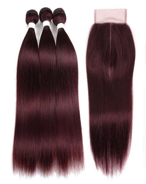 

straight 99j dark wine red colored human hair bundles with closure precolored brazilian virgin hair weaves with 4x4 lace closure9433157, Black;brown