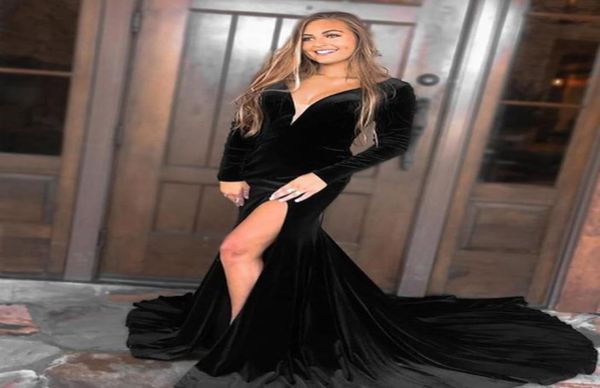 

deep vneck long sleeve mermaid black velvet evening dresses with slit robe de soiree floor length zipper prom gowns vestido 6648360, Black;red
