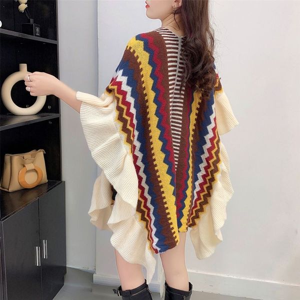 

xiaoxiangfeng knitted shawl temperament ruffle edge new cape scarf dual use long shawl overlay, Black