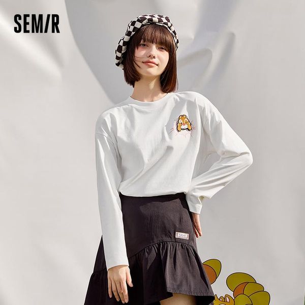 

t-shirt semir long sleeve tshirt women embroidered cotton loose 2022 autumn new knitted t shirt cute, White