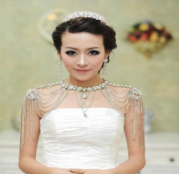 

wedding bridal dresses epaulet jacket crystal rhinestone silver necklace long shoulder long full body chain earrings jewelry set4476850, White