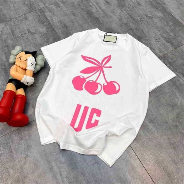 

80% off clothing wholesales cherry printing22 summer wave version men and women lovers simple fashion short sleeve pullover t-shirt, White