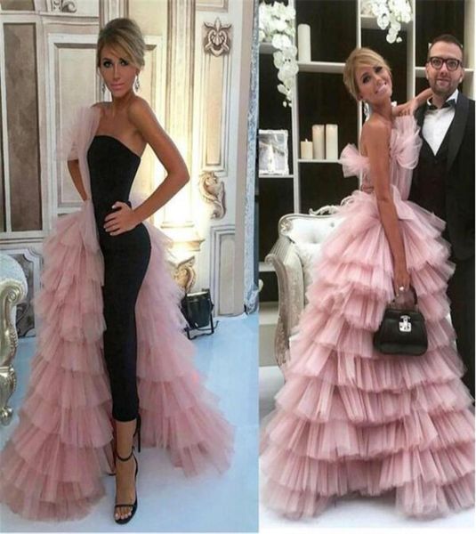 

two pieces evening dresses 2020 unique design pink strapless ruffles tutu skirt with little black dress tiered prom gowns9103118, Black;red