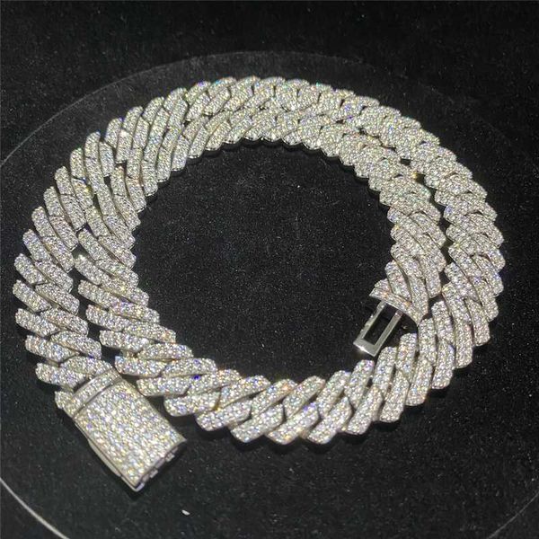 

fashion hip hop jewelry 14mm 2 row s925 prong setting iced out flawless vvs moissanite diamond men cuban link chain, Silver