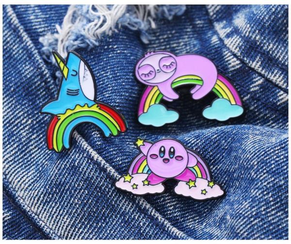

kawaii anime rainbow shark sloth brooch cartoon pin rainbow bridge with animal badge clothing accessories9877334, Blue