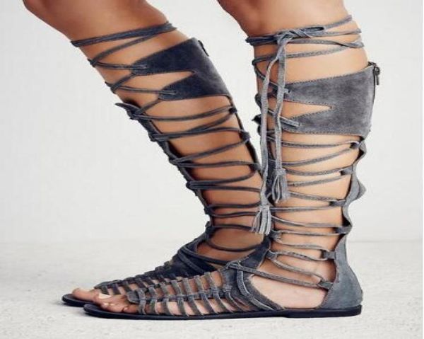 

big size suede lace up knee high women gladiator sandals rome retro style cross tied flat cage bootie sandals shoes2331701, Black