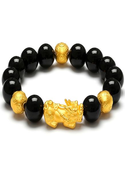 

vietnam gold plated 3d wealth pixiu charm black obsidian beads bracelet chinese feng shui animal amulet jewelry9886716, Golden;silver