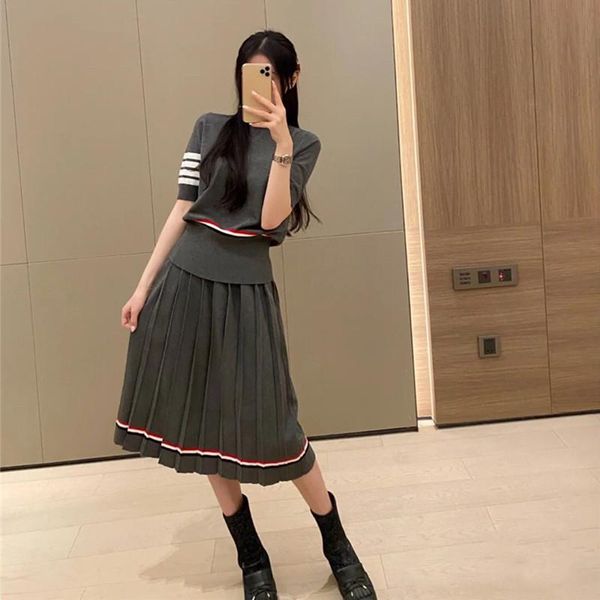

dress lazy suit spring and summer tb college style aline pleated skirt wool knitted round neck shortsleeved tshirt skirt suit, White