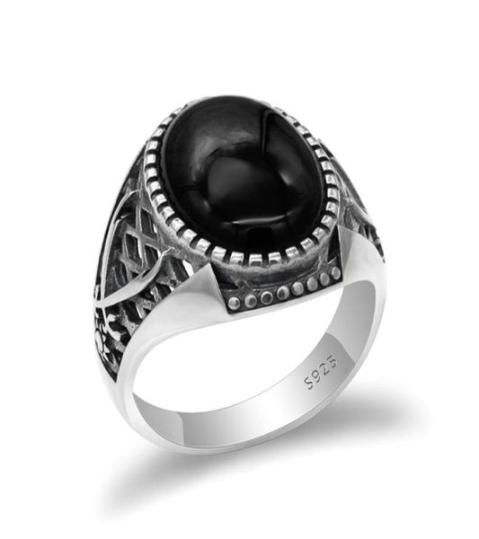

925 sterling silver vintage men ring with black agate stone ring double swords thai silver style for manturkish handmade jewelry1865115, Golden;silver