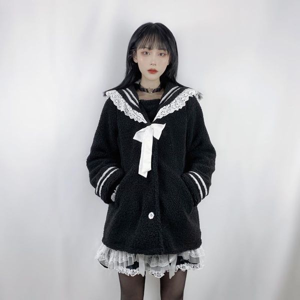 

raincoats yangelo harajuku lamb wool jacket women's winter sheepskin coat gothic black navy collar cardigan sigle button jk fairy grung