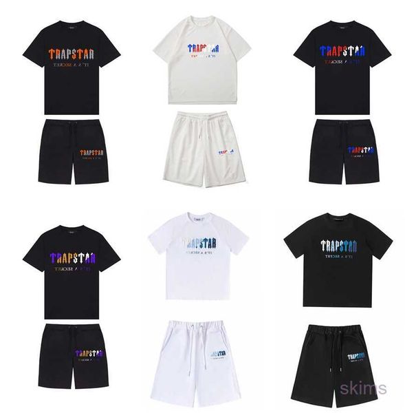 

summer mens trapstar t shirt set short sleeve outfit chenille tracksuit sportswear hip hop black cotton london streetwear asian size s-3xl, White;black