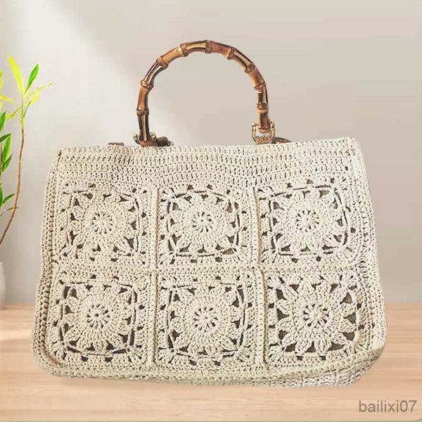 

other bags rope het tote bamboo handle handbags national style knitting shoulder bag hollow travel beach bags for women 2023, Black;red
