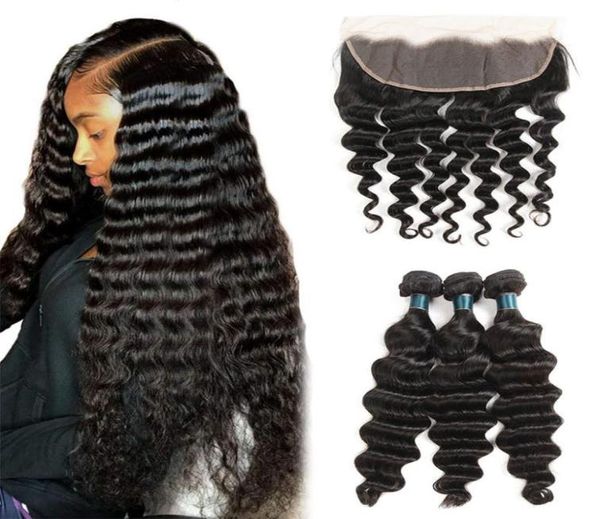 

brazilian loose deep wave virgin hair 3 bundles with closure unprocessed human hair weave with 13x4 lace frontal closure6142305, Black;brown