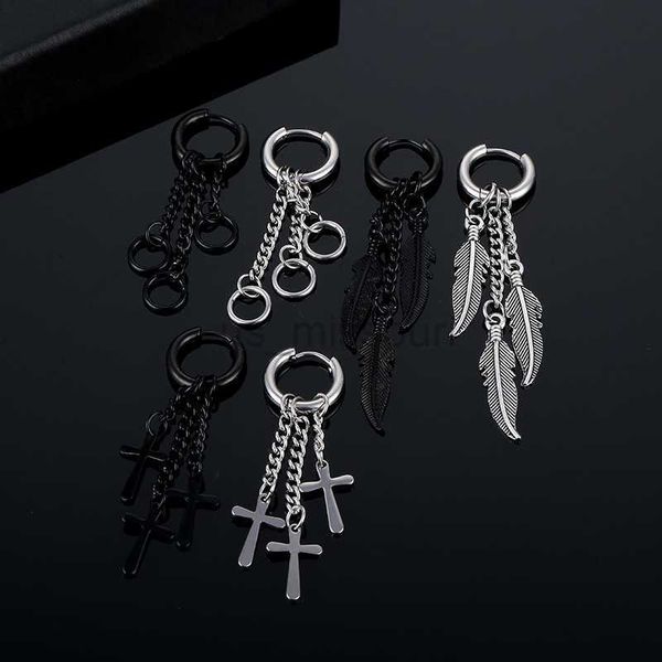 

stud korean version of the tassel chain feather stainless steel coil earrings titanium steel ear bone buckle men's hip hop earrings j23, Golden;silver