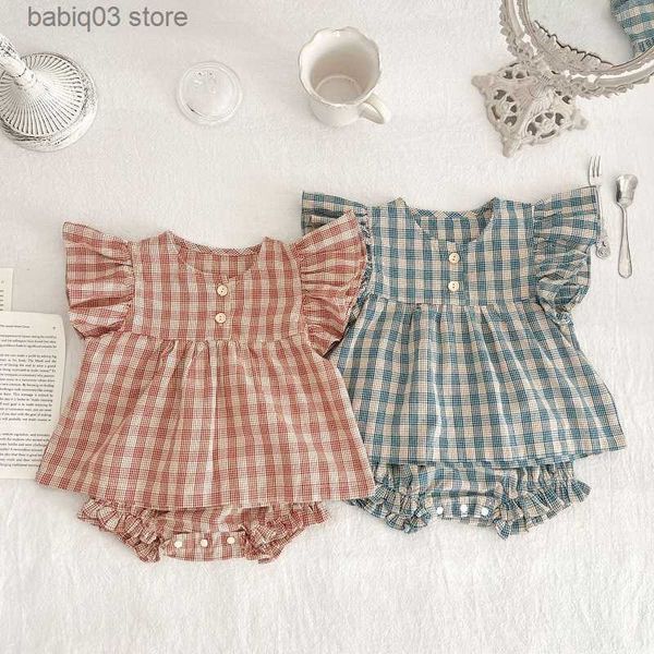 

rompers 2 piece toddler baby girls clothes plaid print ruffles sleeveless doll shirt shorts suit short sleeve button romper girl outfits t23, Blue