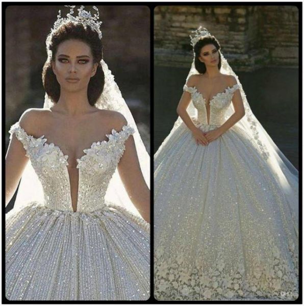 

2020 off shoulder lace appliques ball gown wedding dresses sequined bridal gowns chapel train formal church arabic dubai lu7839970, White