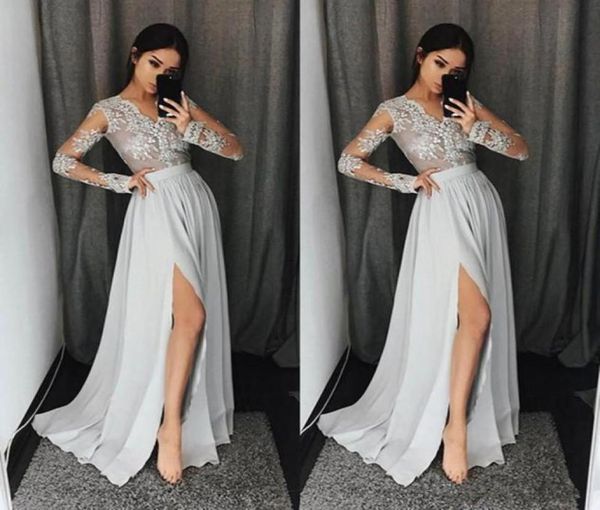 

2018 sliver prom dresses v neck long sleeves lace appliques side split evening gowns arabic prom party dress2584780, Black;red