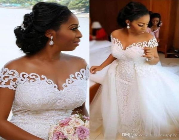 

african nigerian mermaid wedding dress with detachable train lace up design short sleeve bridal gowns dresses8176147, White