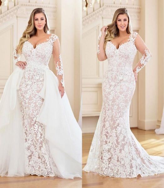 

stunning plus size mermaid lace wedding dresses with detachable train long sleeves bridal gowns sweetheart neck trumpet vestidos d3351988, White