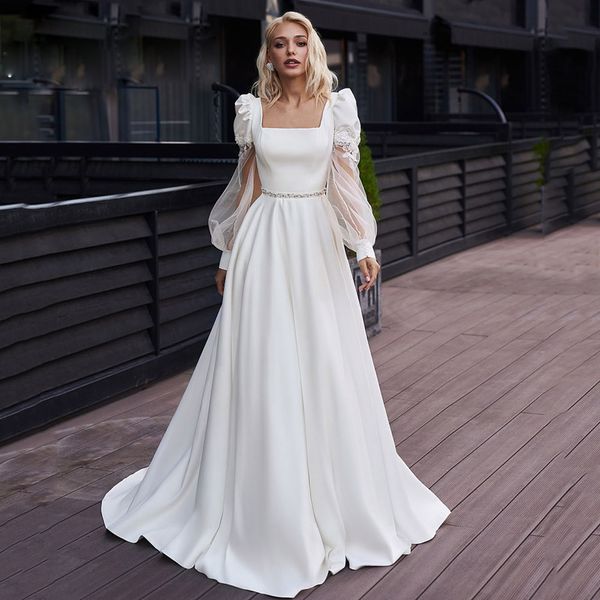 

square neck a line wedding dress puffy sleeve button back bridal gown appliques bead waist satin vestidos de novia, White