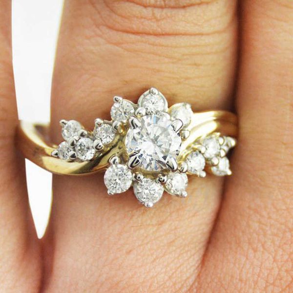 

band rings huitan noble rich flower shaped female finger ring albizia flower golden color with sevral cz stone engagement wedding rings aa23, Silver