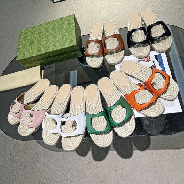 

2023ss womens interlocking g slippers hollow out espadrille slides logo sandal slip-on straw mules double g ladies designer flat slider cord, Black