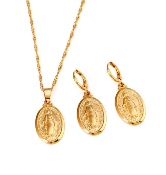 

virgin mary jewelry set trendy gold color our lady women men jewelry whole cross pendant necklaces set1850137, Silver