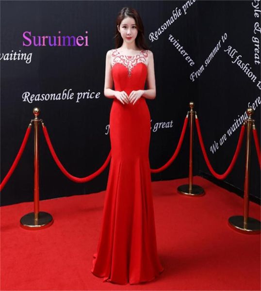 

2020 red long mermaid evening dresses scoop neck with crystal sleeveless prom gowns for party dress3250048, Black;red