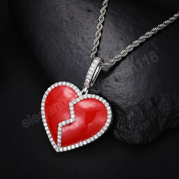 

fashion gold plated bling cz glowing heart pendant necklace for men women jewelry with 3mm 24inch rope chain, Silver