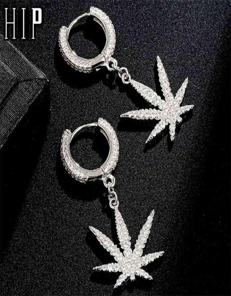 

hip hop 1pair iced zircon maple leaf earring gold color micro paved aaa bling cz stone earrings for men jewelry 2106246476804, Silver