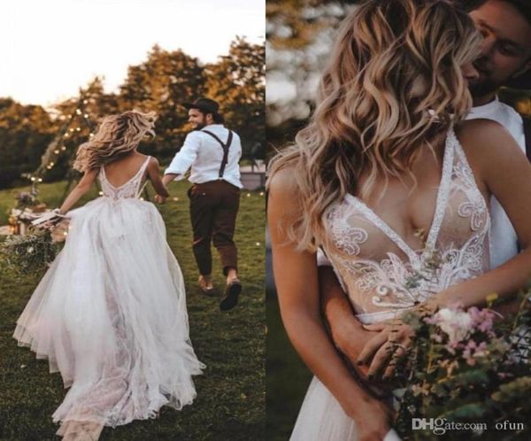 

bohemia a line wedding dresses lace deep v neck backless beach sweep train tulle sleeveless boho bridal dresses3433746, White