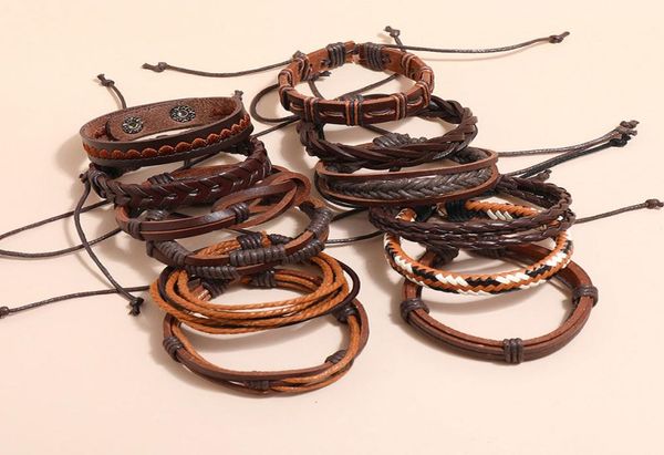 

12pcsset handmade braided rope multilayer leather charm bracelets for men women girl adjustable punk bangle jewelry8201972, Golden;silver