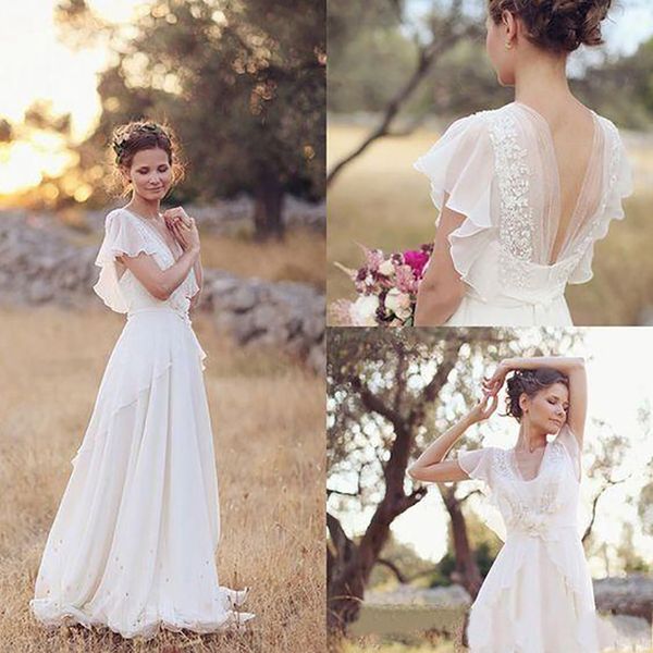 

bohemian hippie style wedding dresses beach a-line wedding dress bridal gowns backless white lace chiffon boho gown