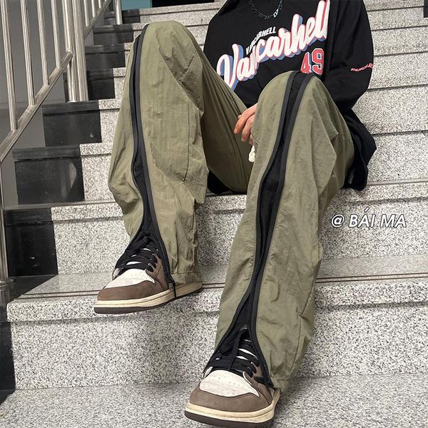 

men's pants mens fashion zipper split trousers waterproof casual male hip hop high street loose straight pant harajuku sweatpants, Black