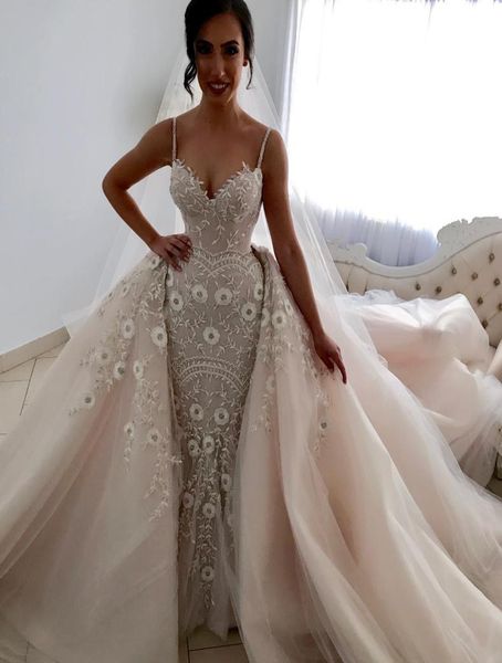 

spaghetti mermaid wedding dresses with detachable train applique beads plus size wedding gown sweep train country bridal dres1046273, White